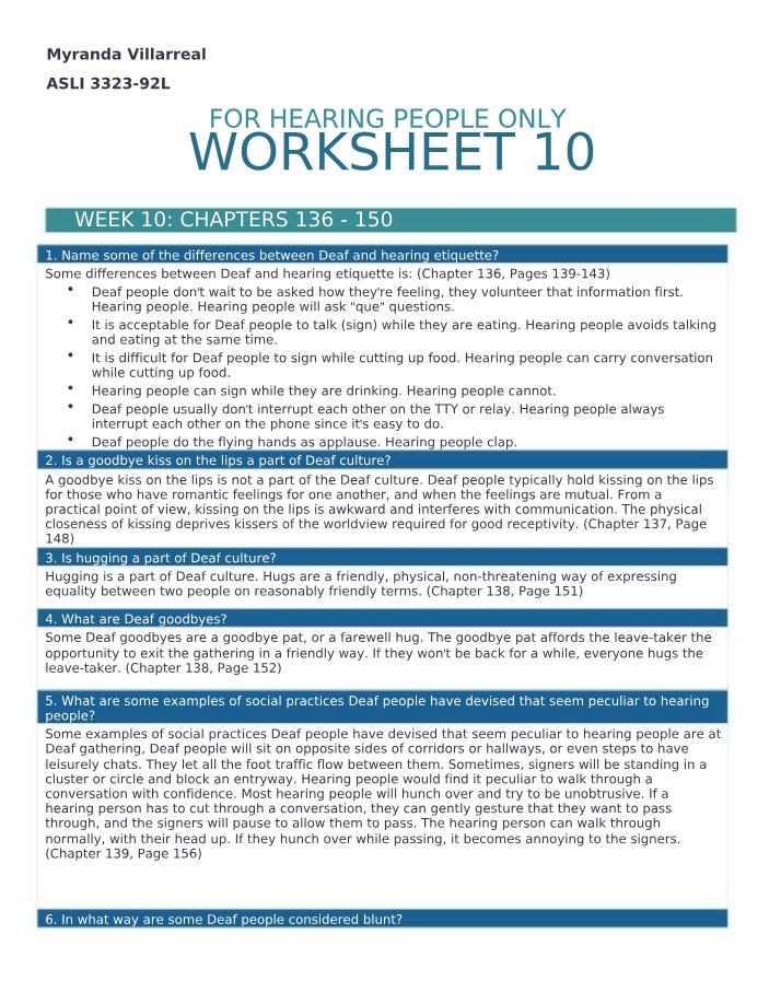 Worksheet 10 - Deaf and Hearing Etiquette Differences
