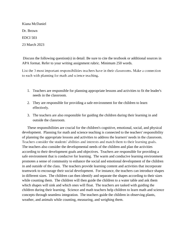 Teacher Responsibilities for Math and Science Teaching