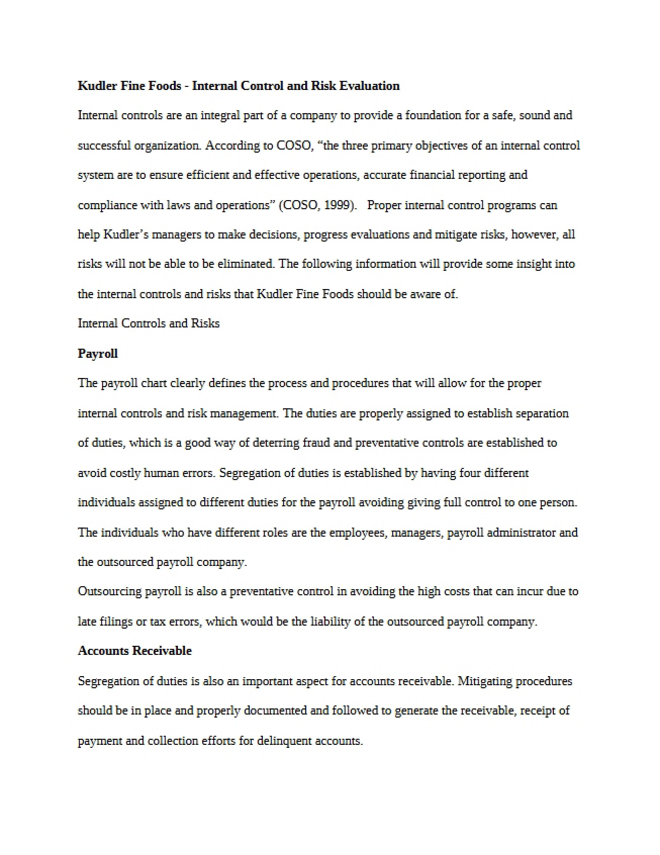 Internal Control and Risk Evaluation for Kudler Fine Foods