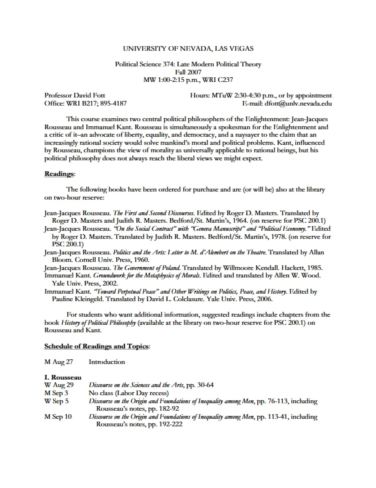 Syllabus for Late Modern Political Theory