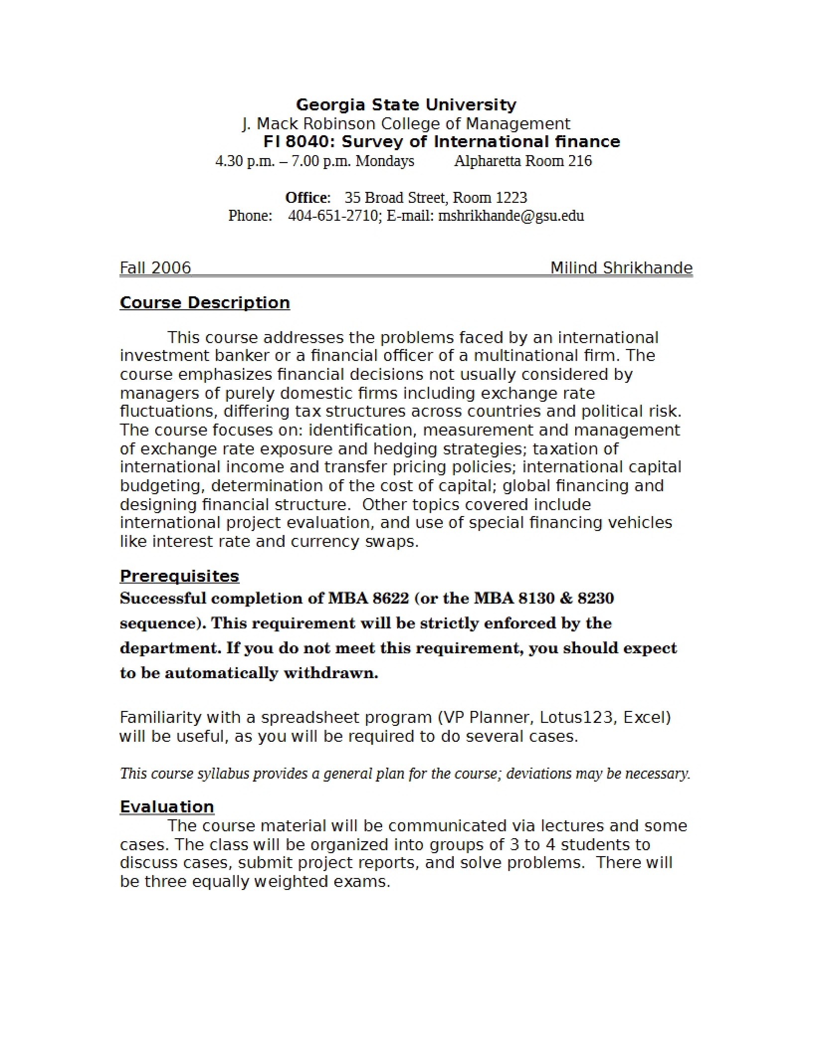 Fall 2006 Syllabus for FI 8040