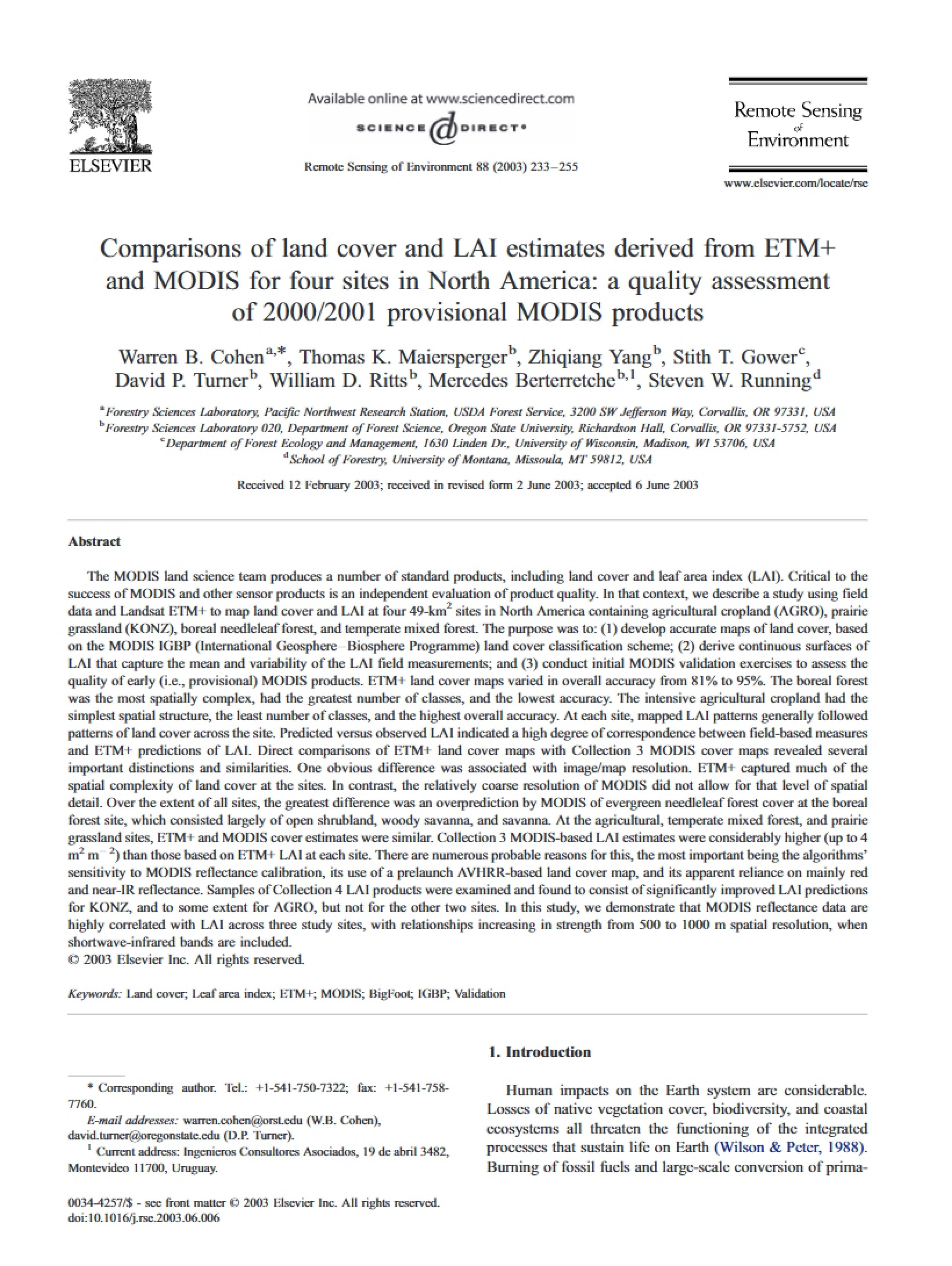 MODIS vs ETM+ Comparing LAI and Land Cover Estimates