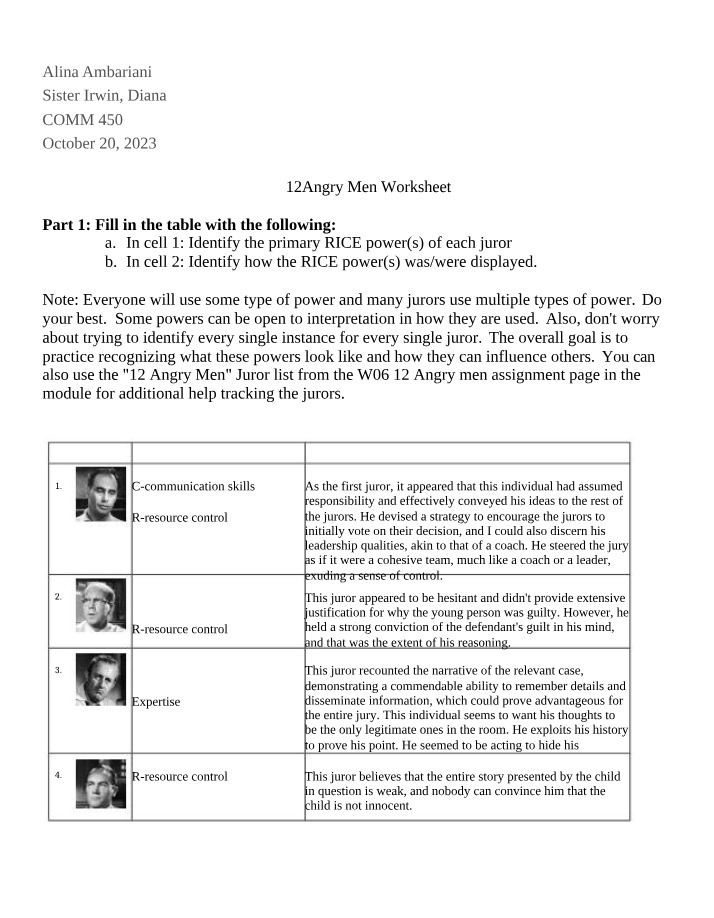 Worksheet for 12 Angry Men