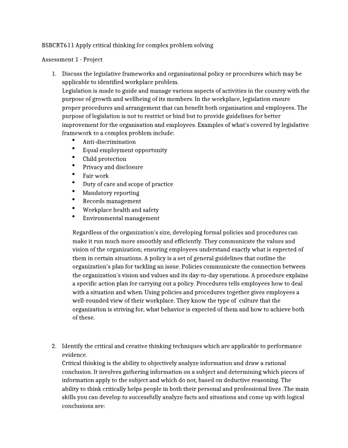 Critical Thinking for Complex Problem Solving - Assignment 1