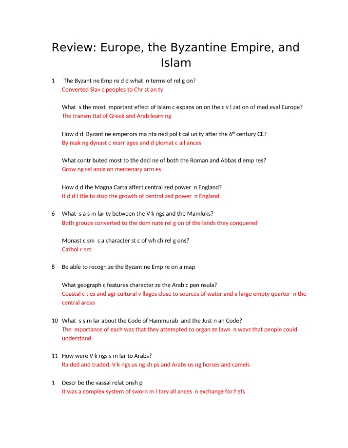 Review of the Byzantine Empire, Europe, and Islam