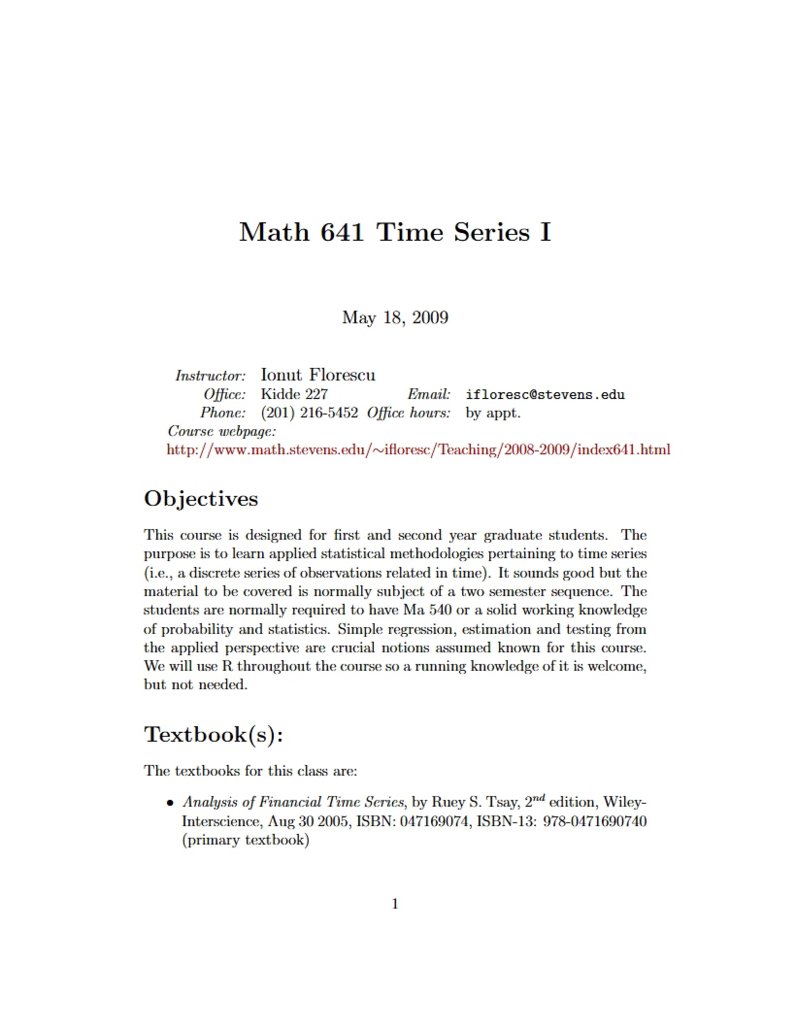 Time Series I Syllabus