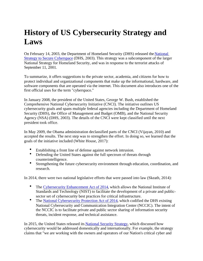 US Cybersecurity Strategy and Law History