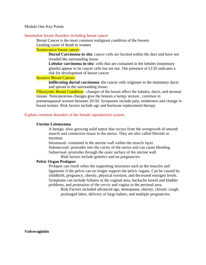 Breast Disorders and Cancer - Key Points