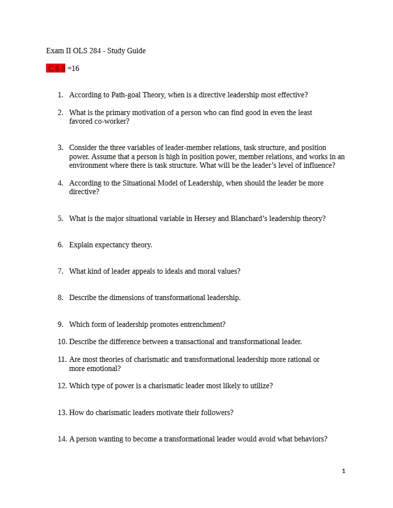 Study Guide for Exam Two