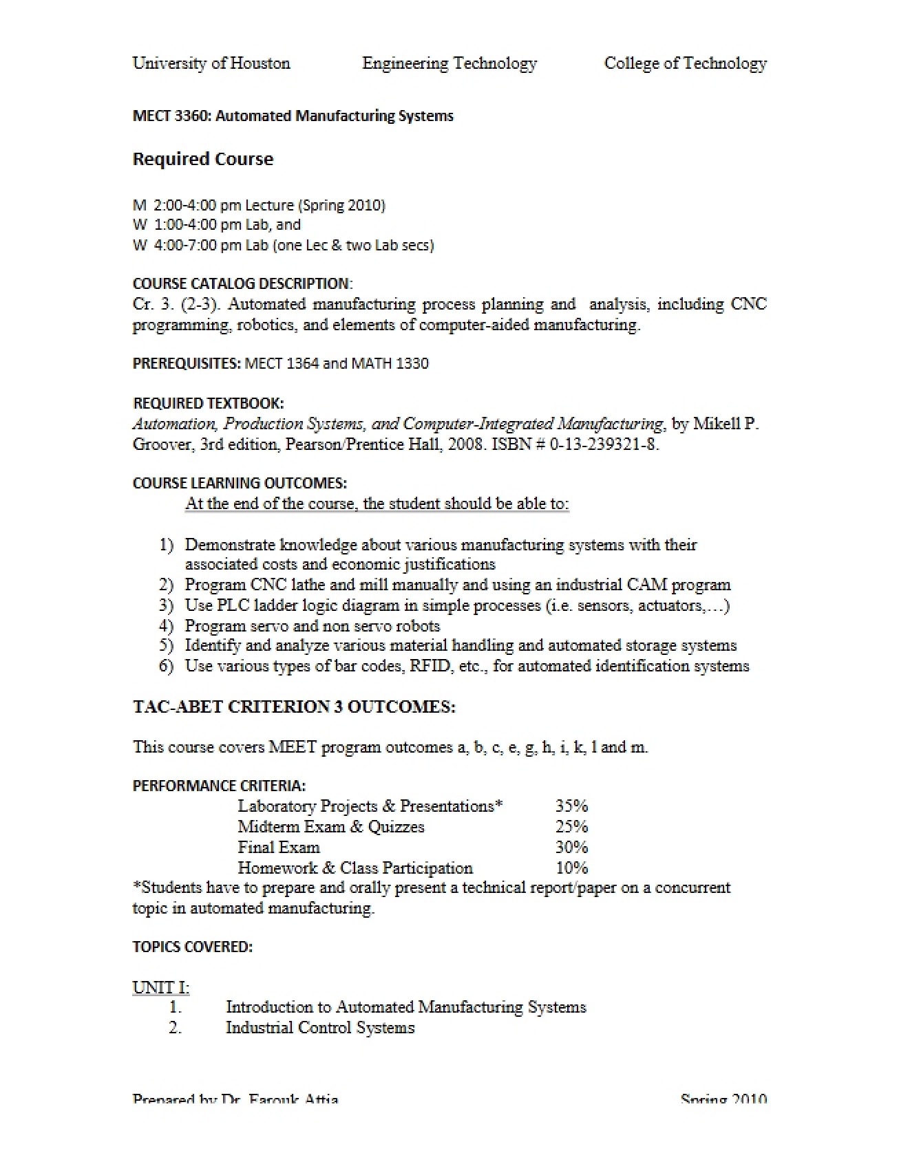 Syllabus Automated Manufacturing