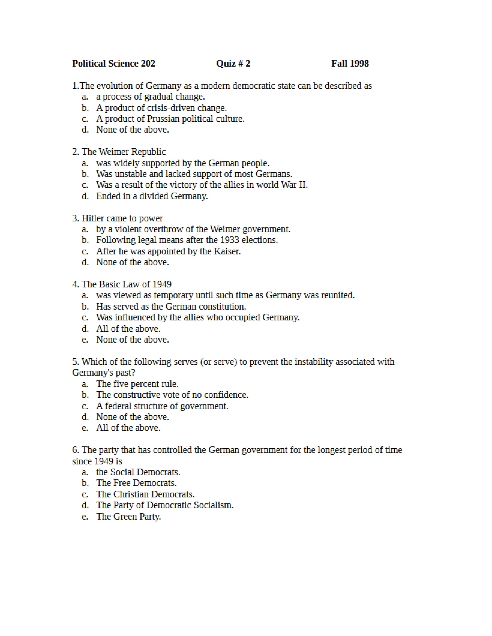 Comparative Politics Quiz Two