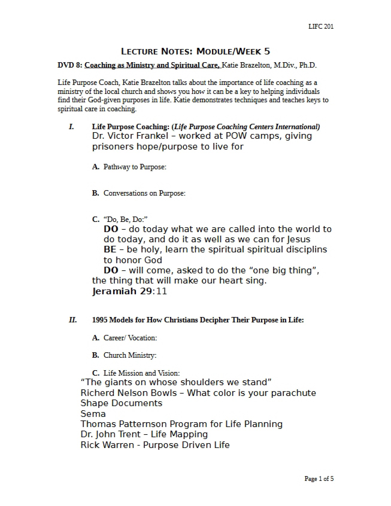 Fifth Week Lecture Notes for Introduction to Life Coaching