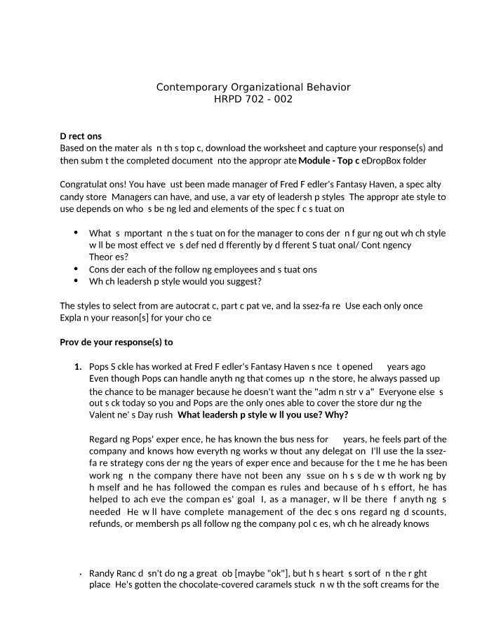 Worksheet for Contemporary Organizational Behavior HRPD 702