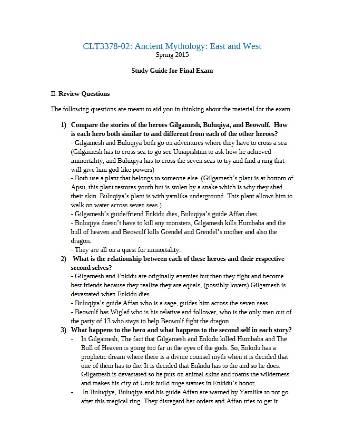 Ancient Mythology Final Exam Materials (Part 1)