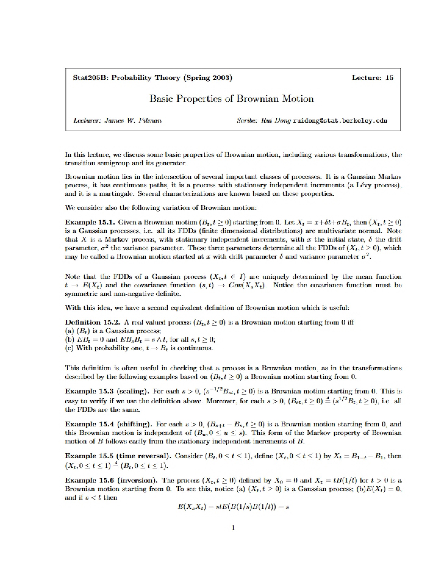Brownian Motion Basic Properties