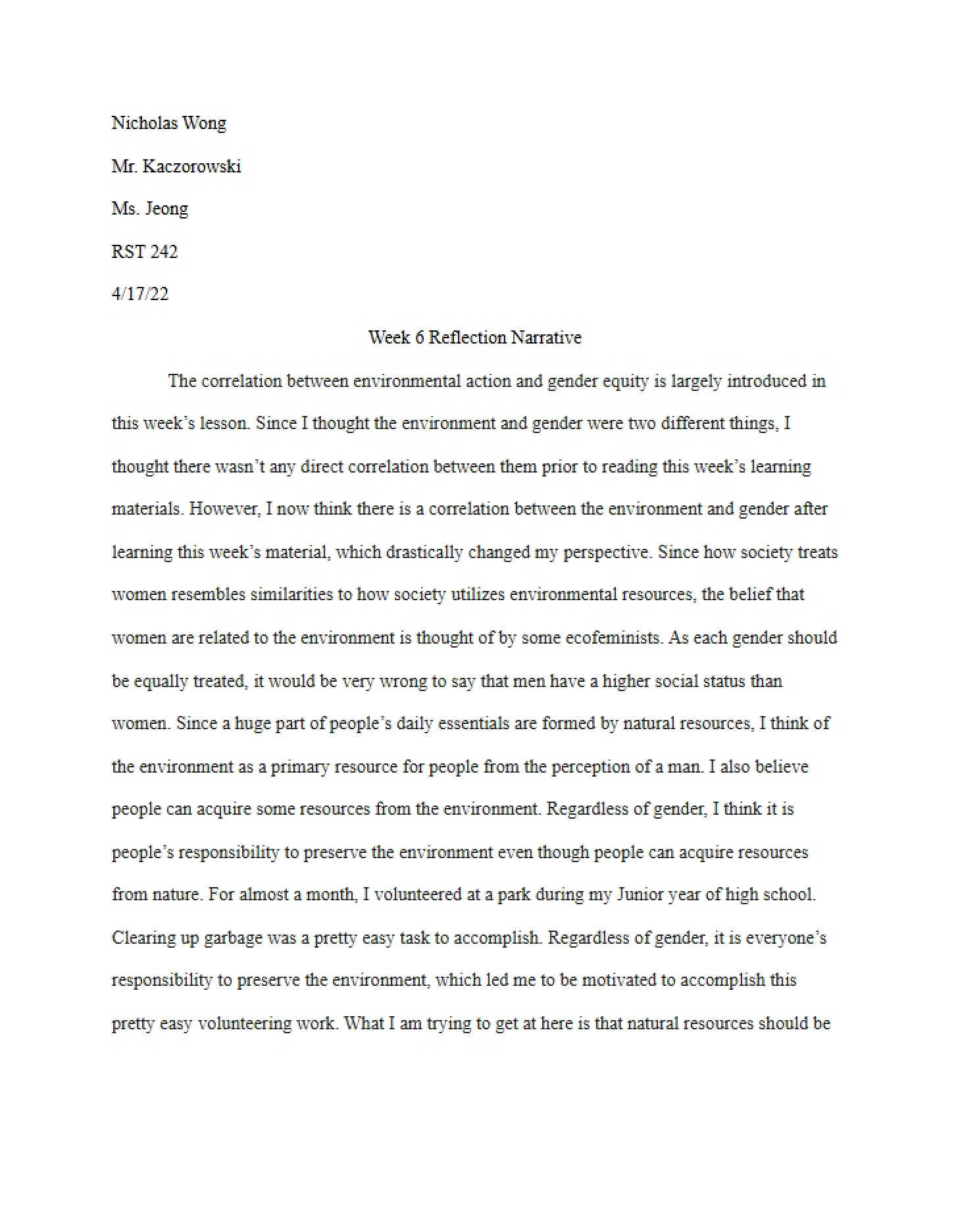 Narrative Reflection Week 6