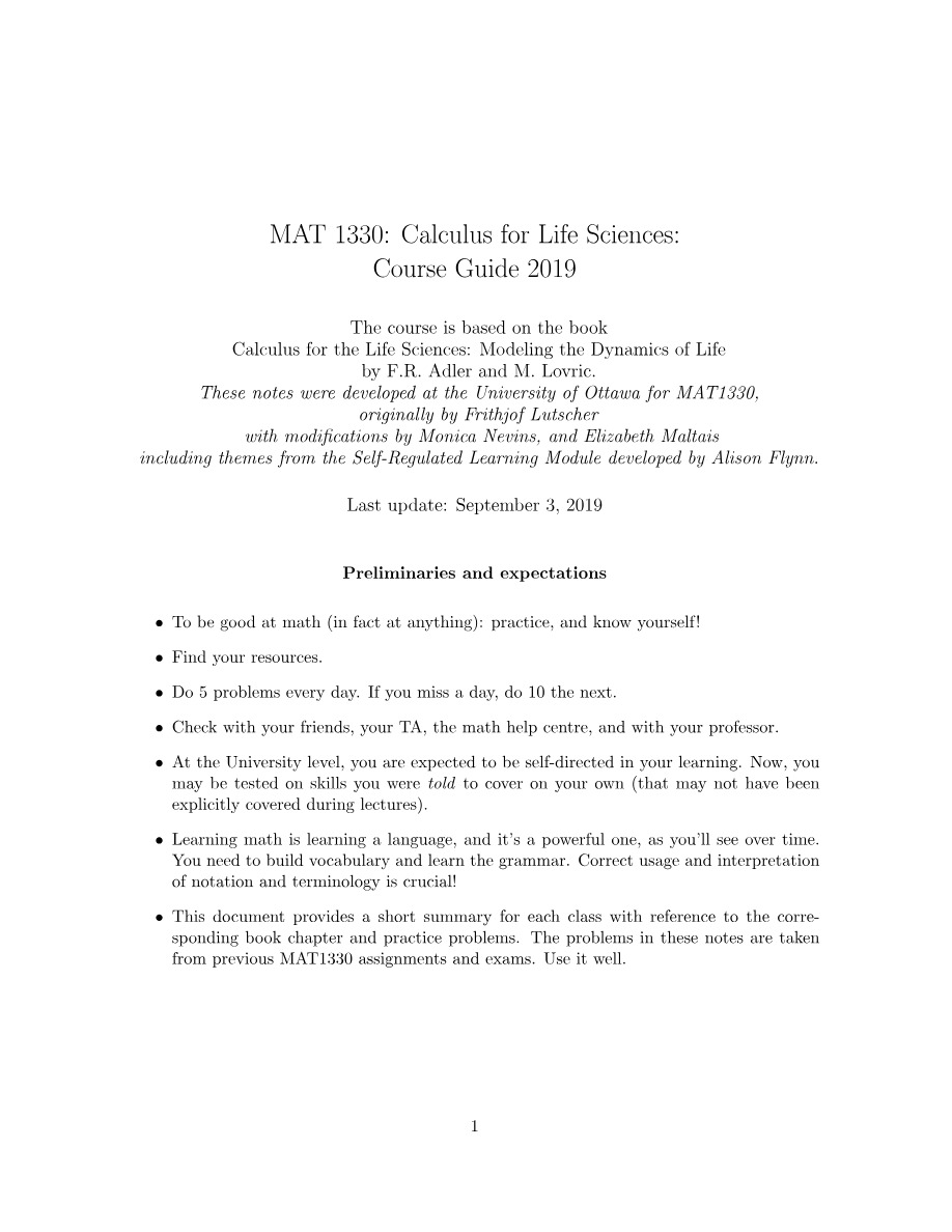 2019 Course Guide - MAT 1330 Calculus for Life Sciences