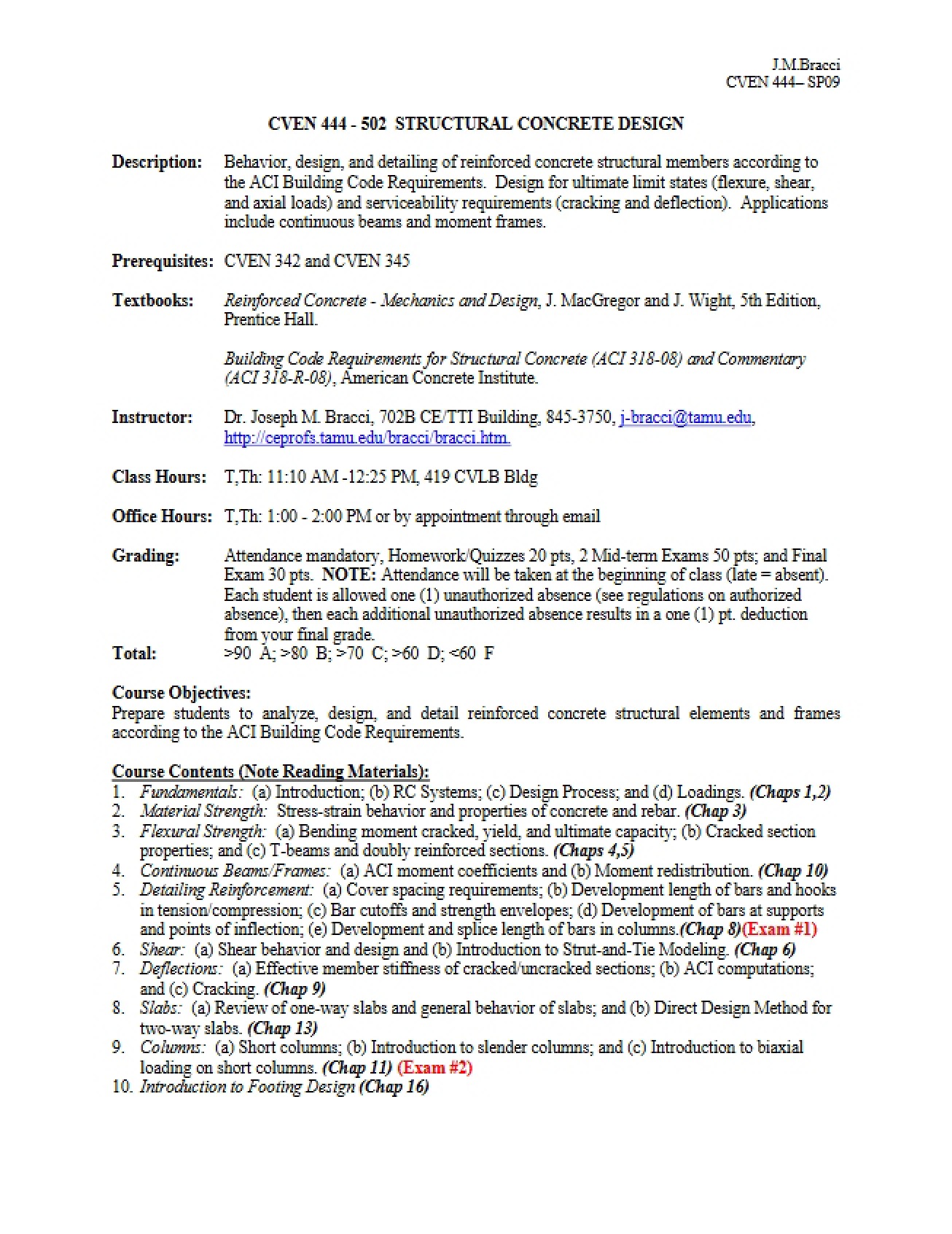 Syllabus for Structural Concrete Design from Spring 2009