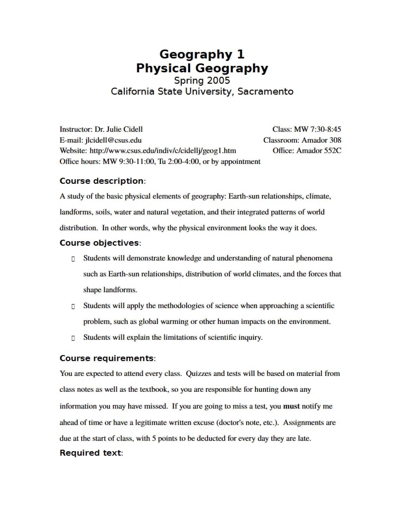 Course Outline for Physical Geography