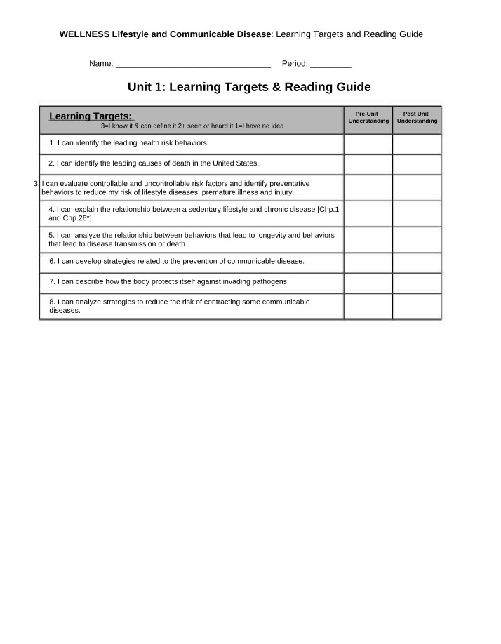 Wellness Lifestyle and Communicable Disease - Reading Guide