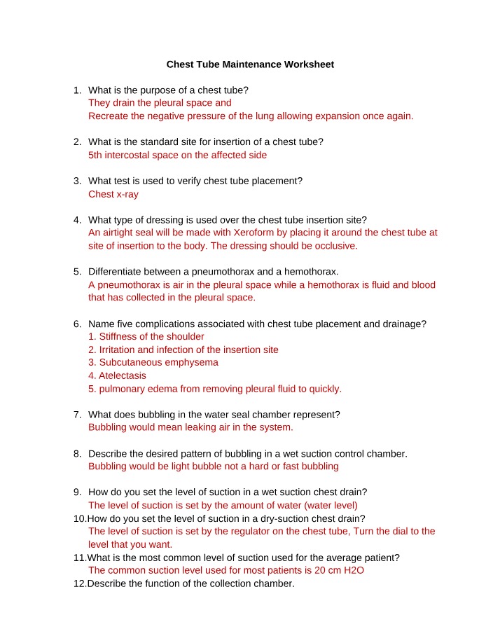 Worksheet on Chest Tube Maintenance