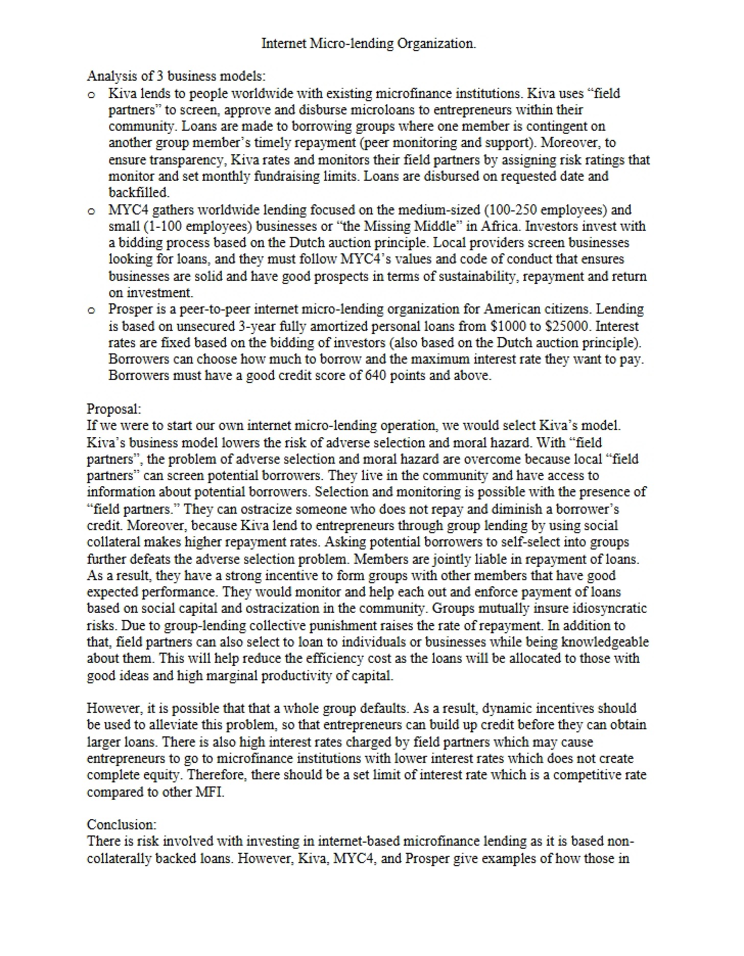 Organization of Internet Micro-lending