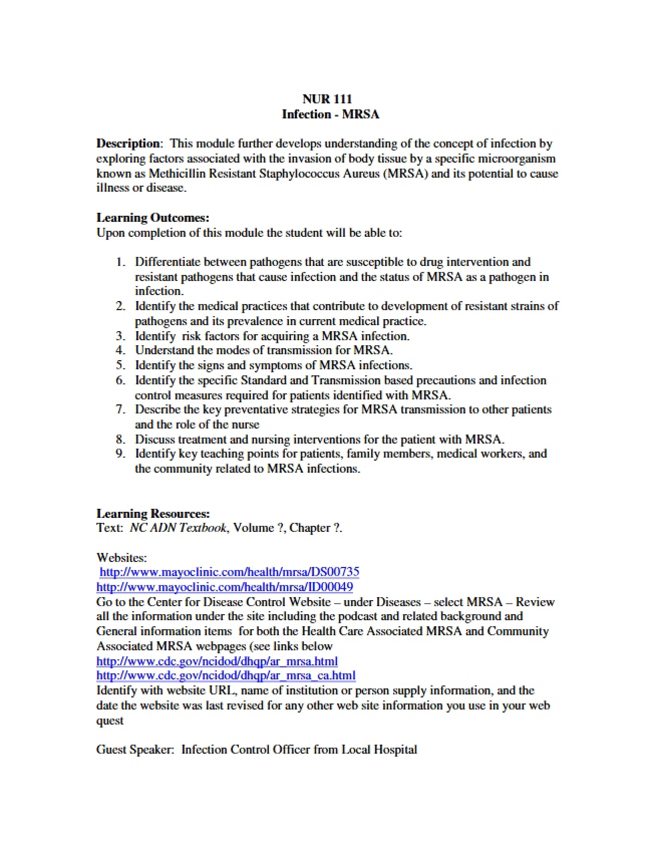 MRSA Infection Module