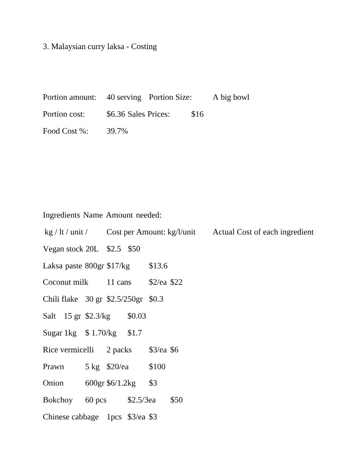 Costing for Malaysian Curry Laksa