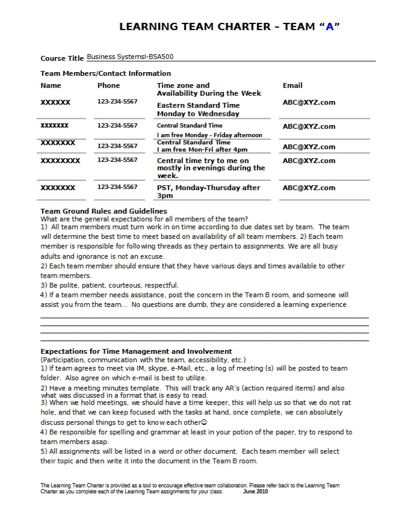 Learning Team Charter - 2 Pages