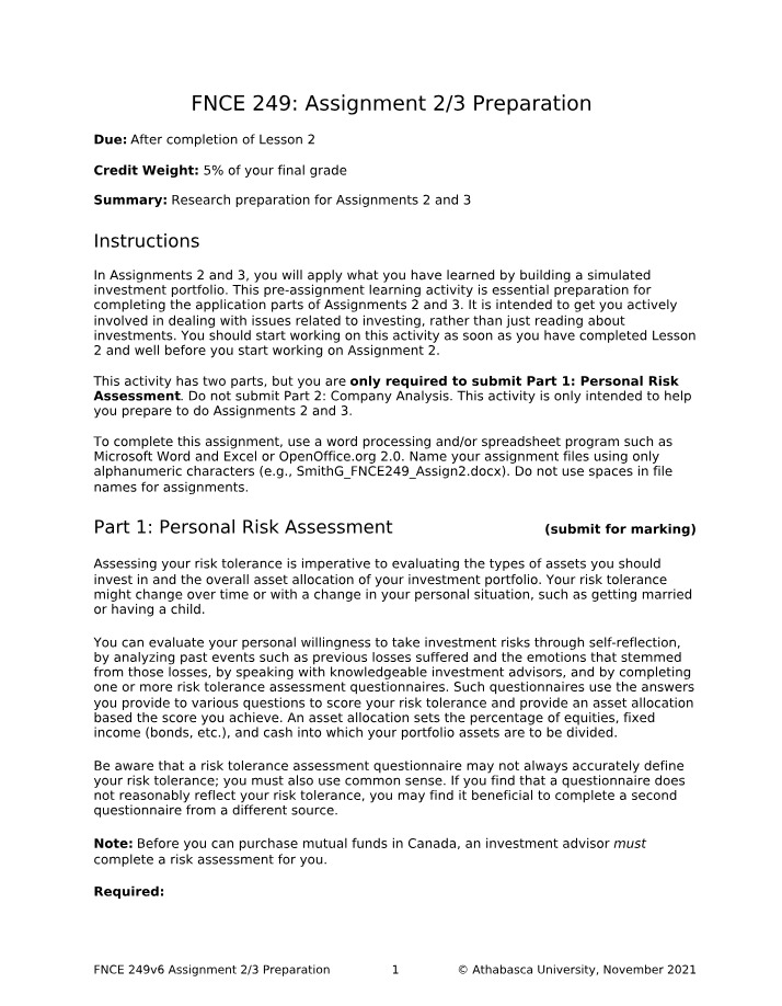 Risk Tolerance Evaluation for Assignments 2 and 3