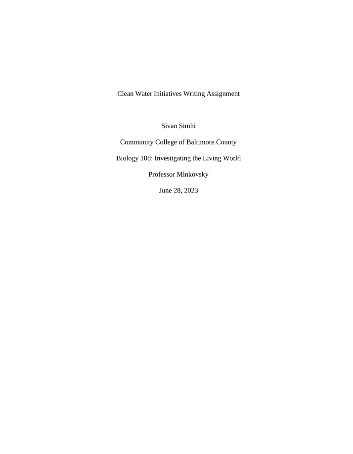 Writing Assignment on Clean Water Initiatives