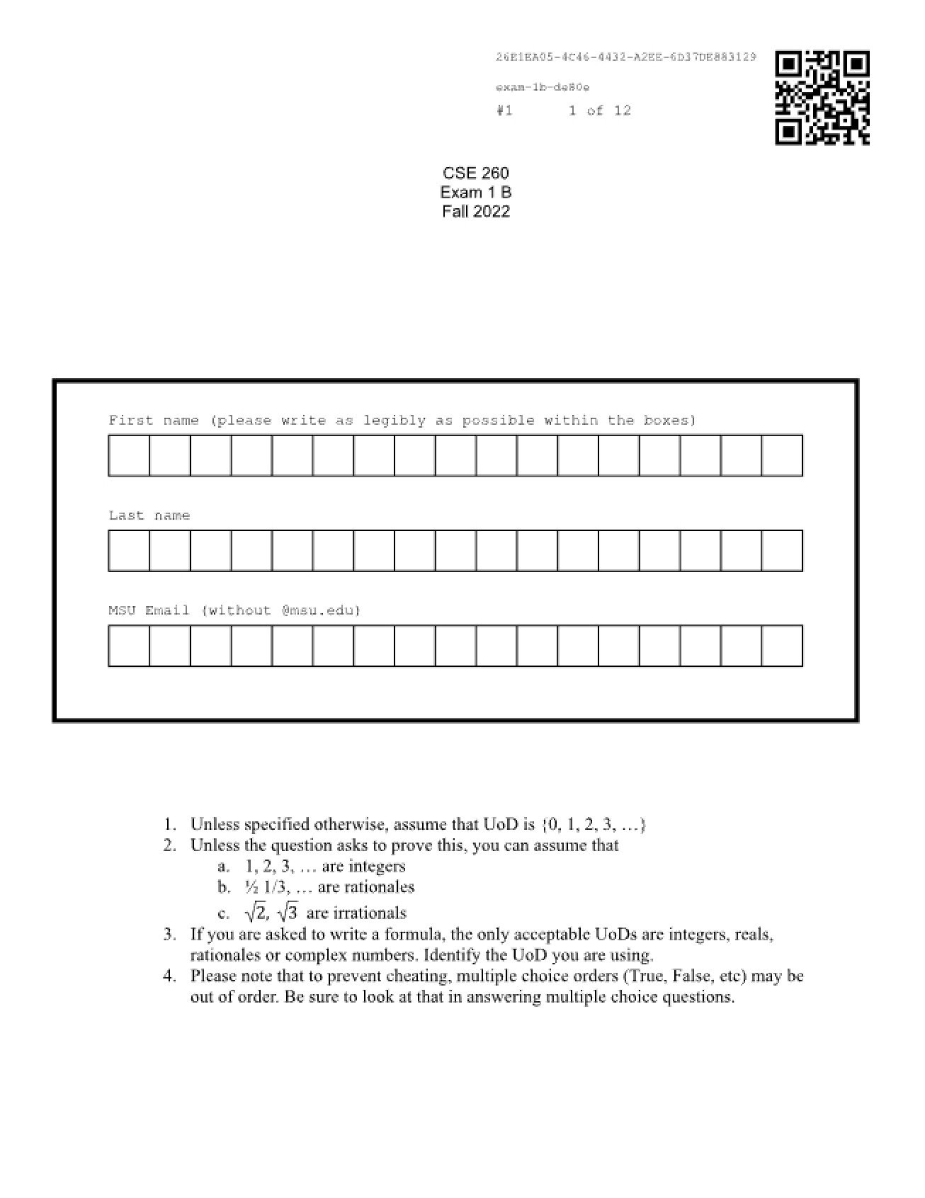First Exam (Form B)