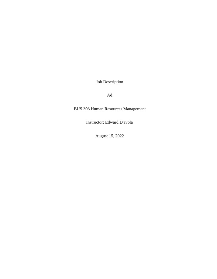 Job Description Ad for BUS 303 Human Resources Management