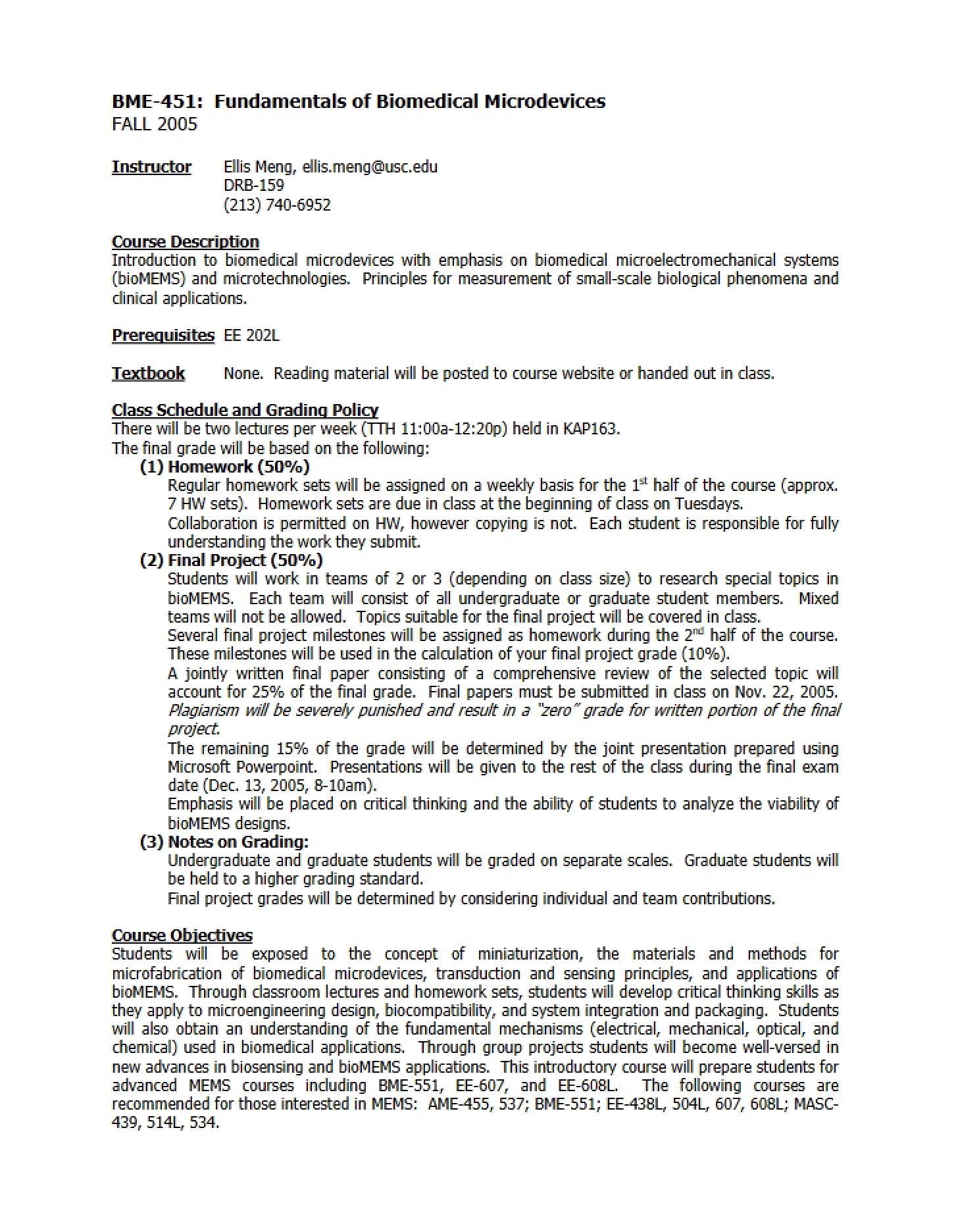 Syllabus for BME451 (Fall 2005)