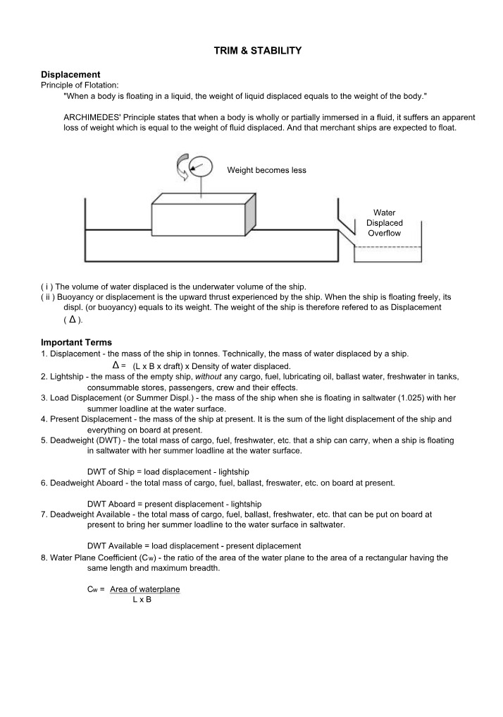 Calculations for Trim and Stability