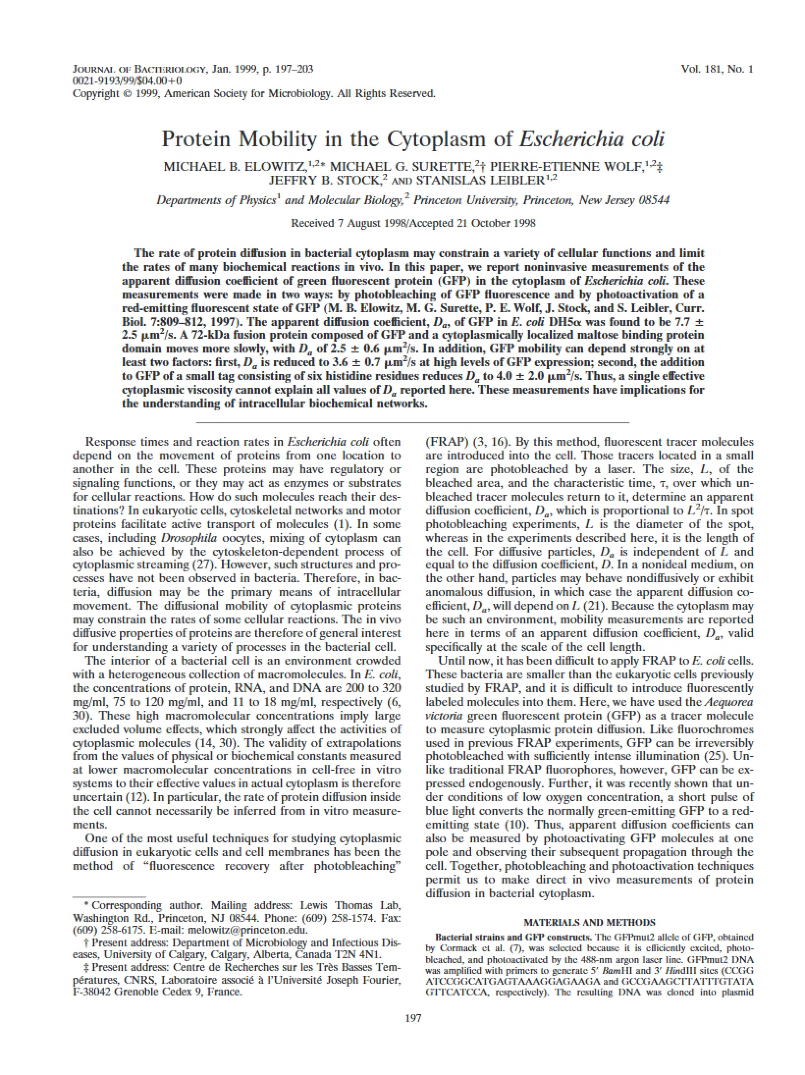 E. Coli Cytoplasm Protein Mobility