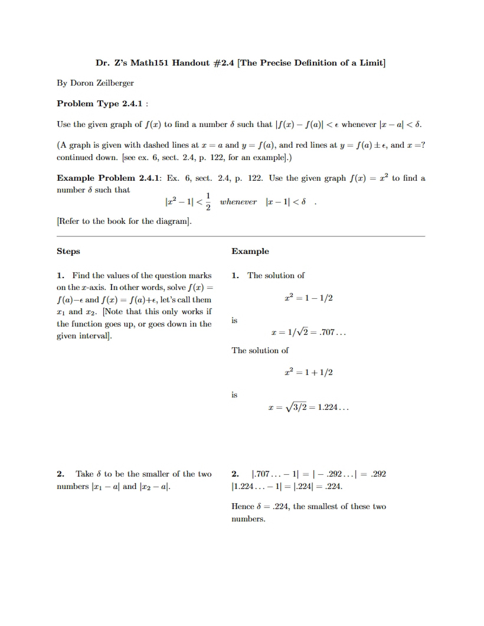 Precise Limit Definition (Handout 2.4)