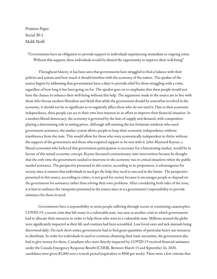 Social 30-1 Position Paper