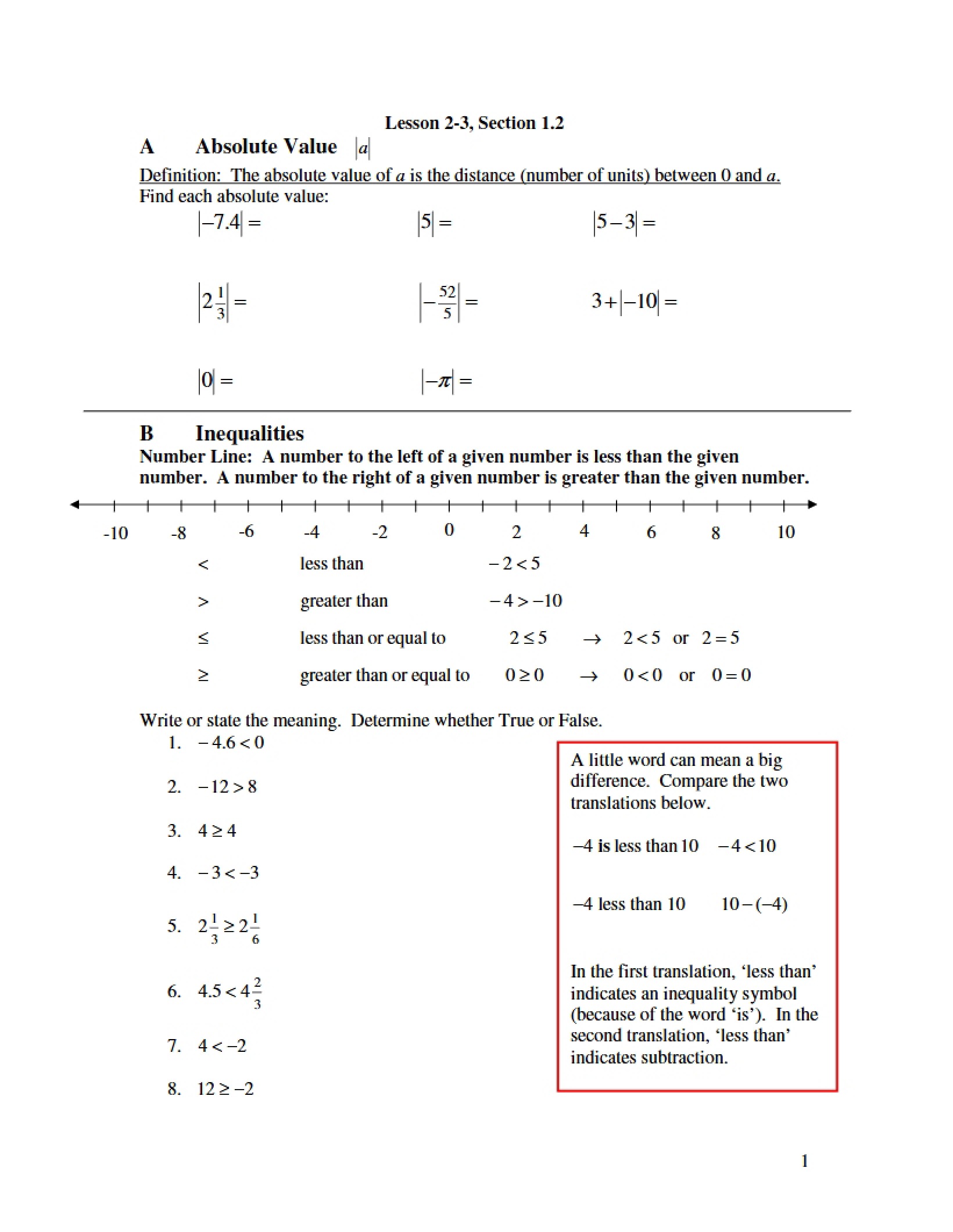 Absolute Value Concept A