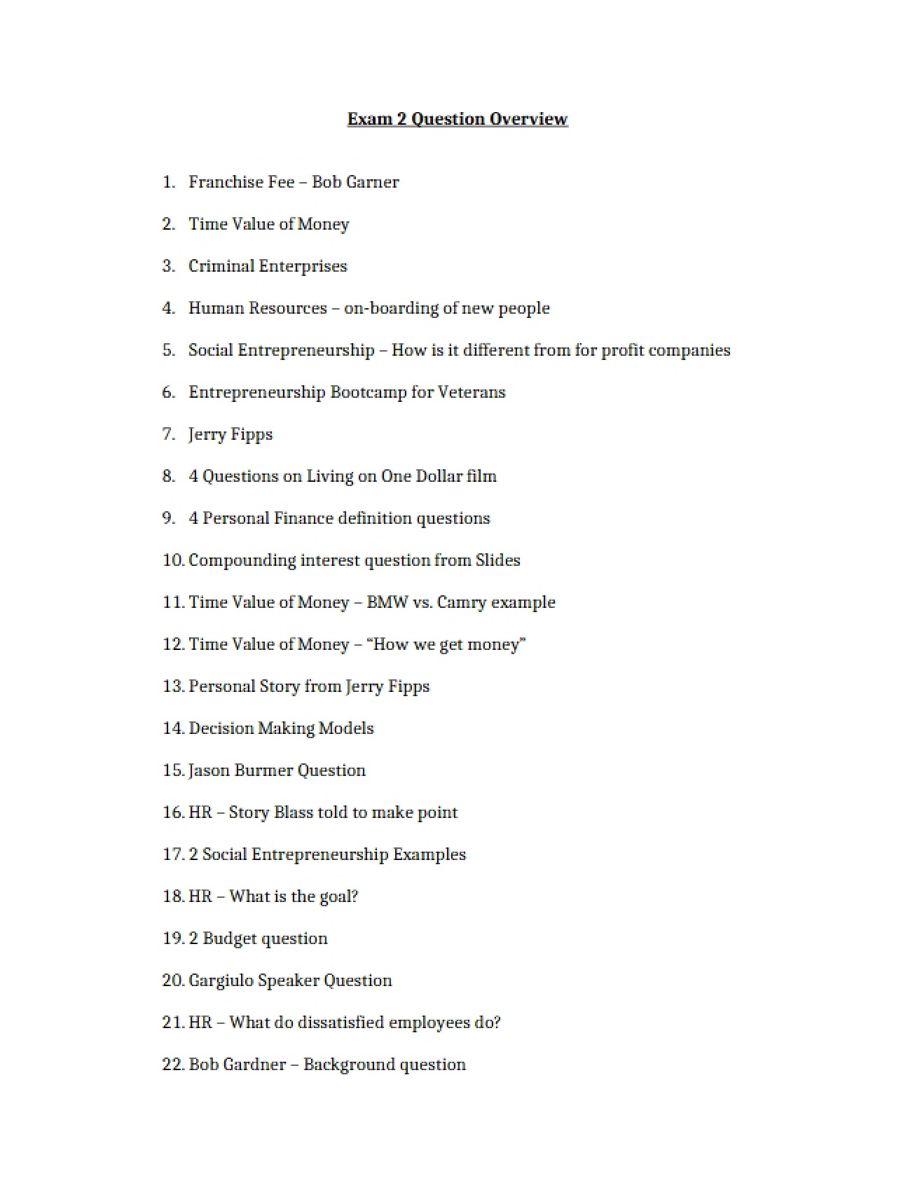 Overview of Questions for the Second Exam