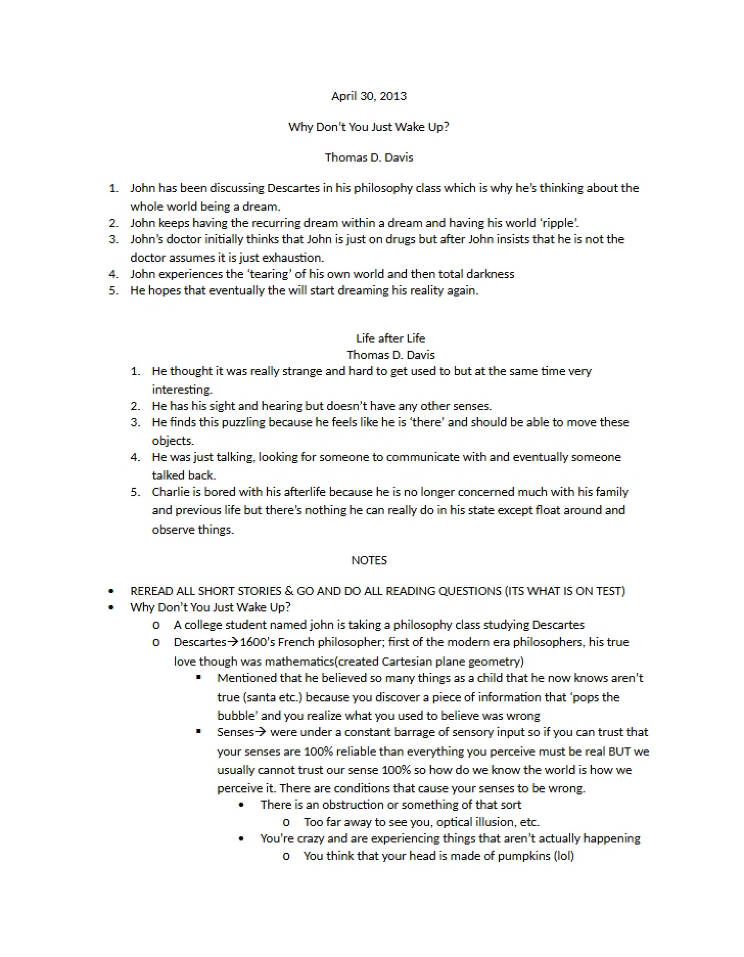 Notes for April 30