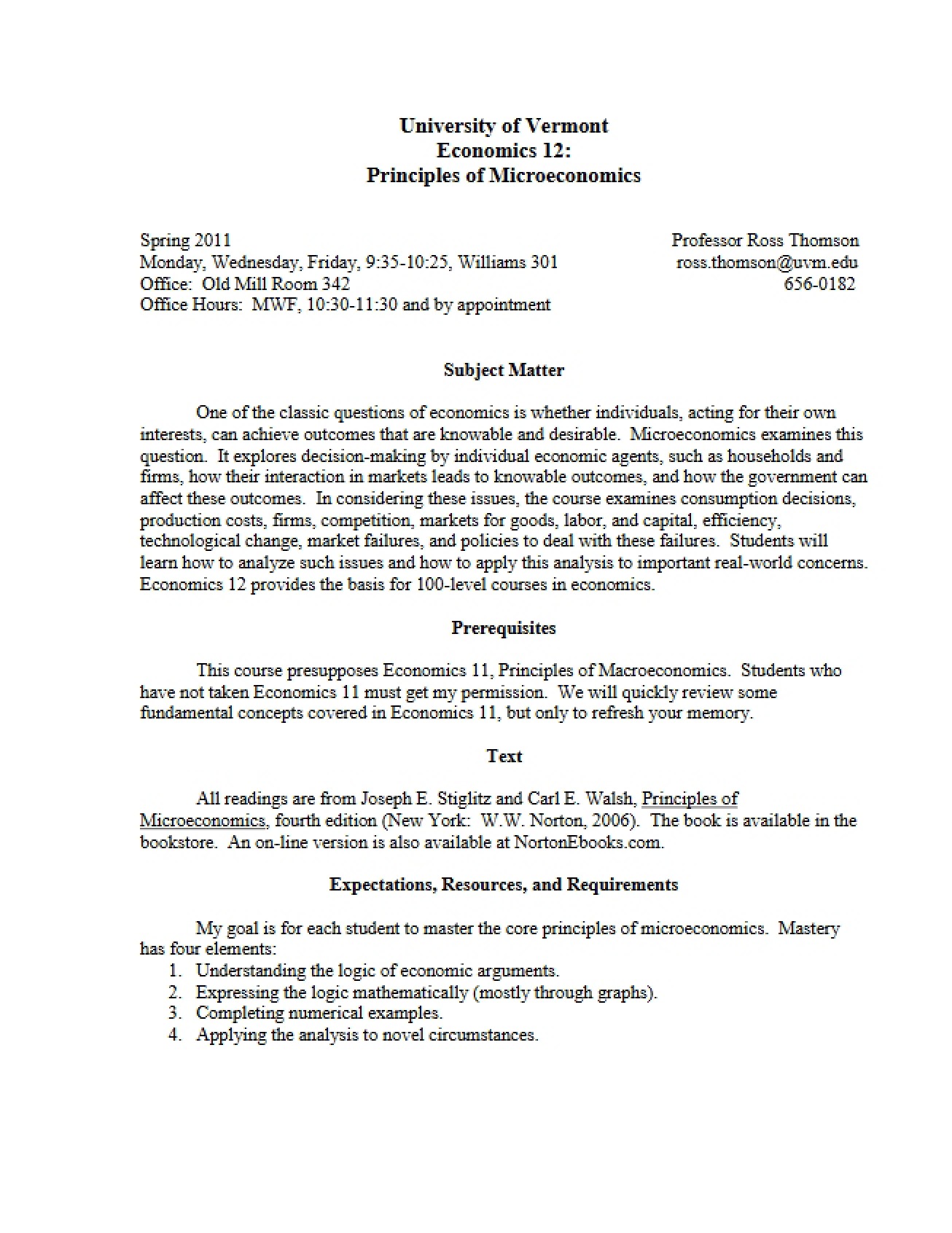 Microeconomics Principles Syllabus