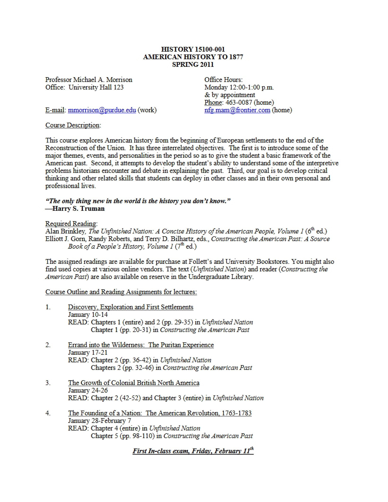 American History to 1877 Syllabus