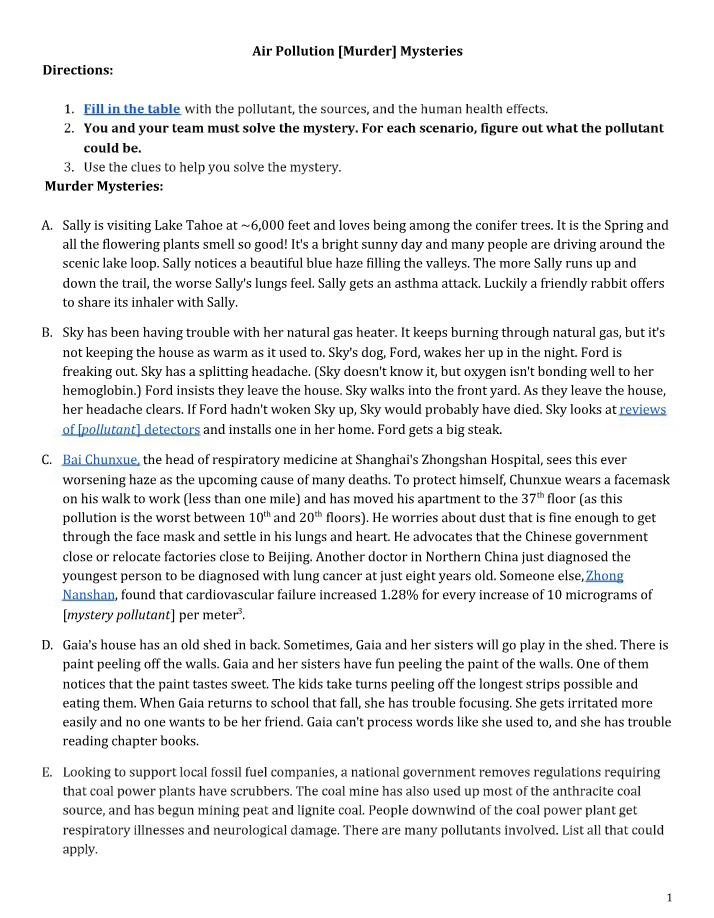 Worksheet - Air Pollution Mysteries
