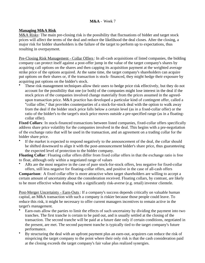 Week 7 Notes - M&A