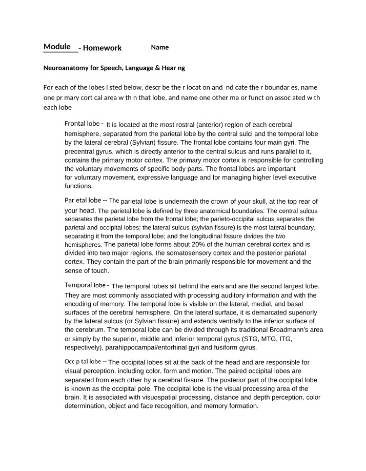 Neuroanatomy Homework for Speech, Language, and Hearing