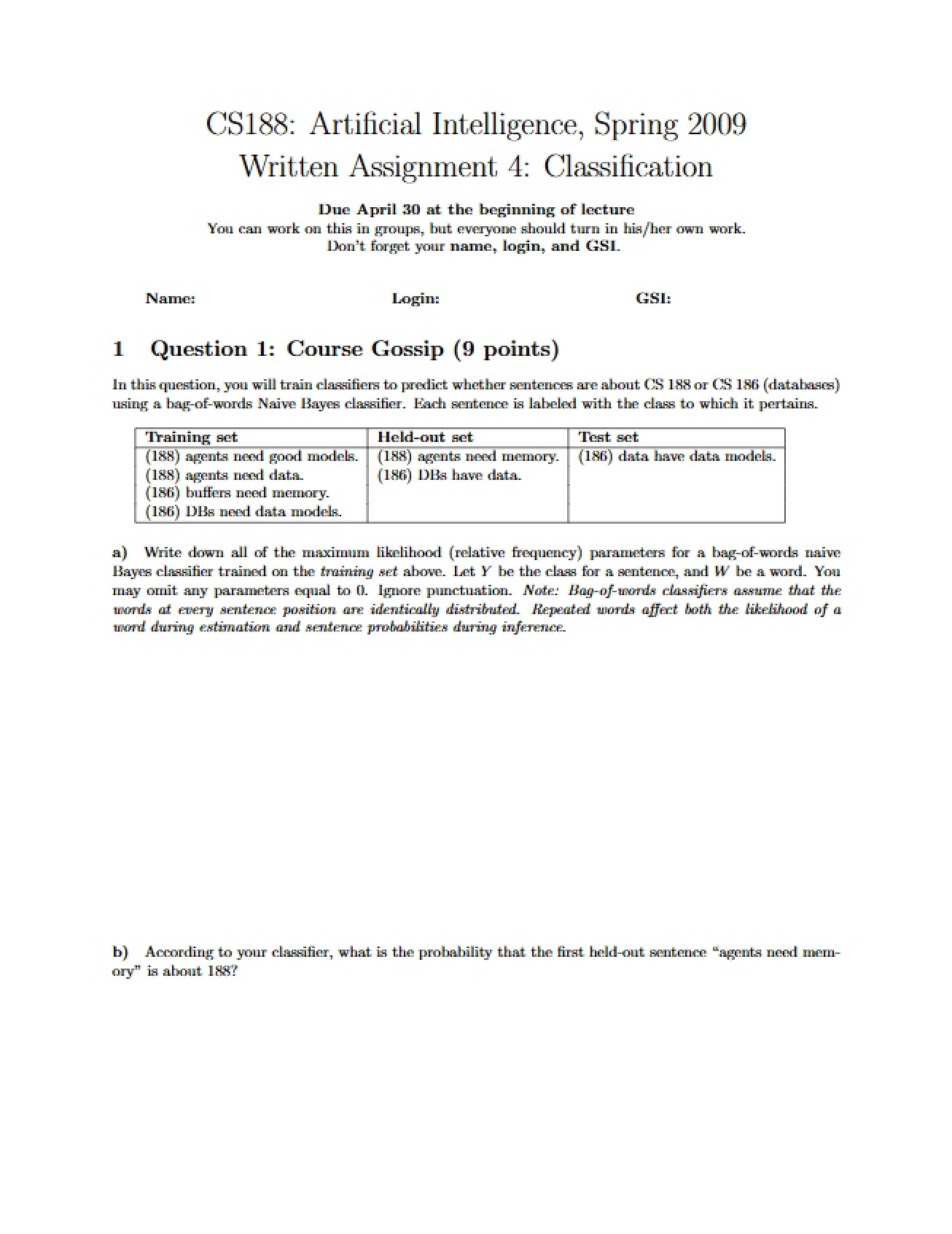 Classification (Written Assignment 4)