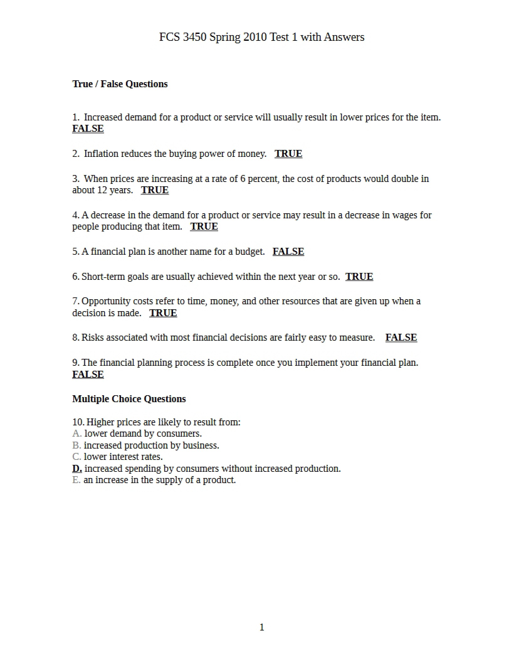 Test 1 with Answer Key (Spring 2010)