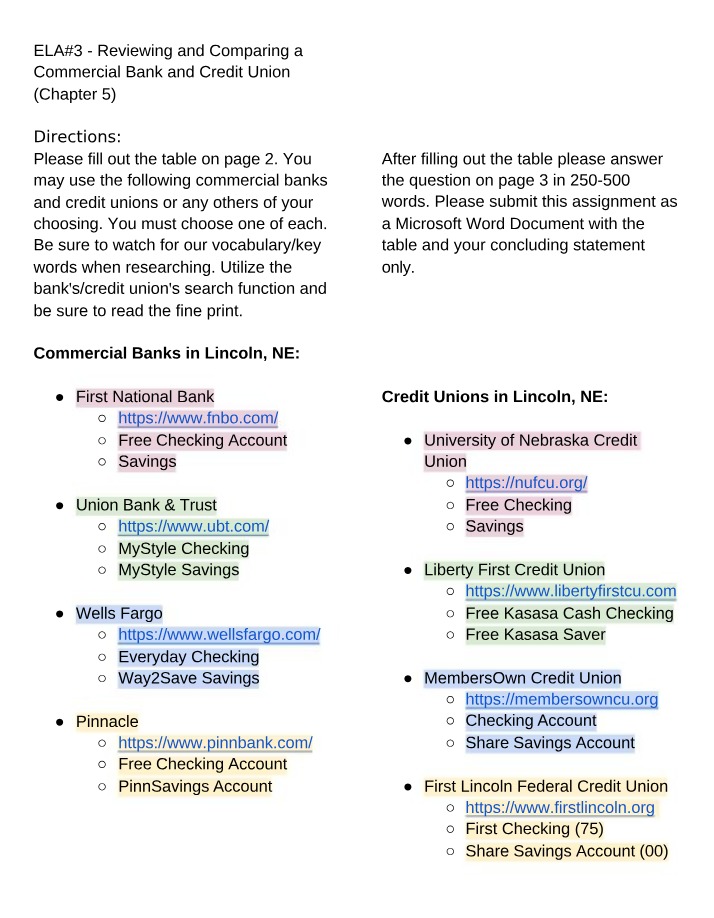 Comparing a Commercial Bank and Credit Union - ELA #3
