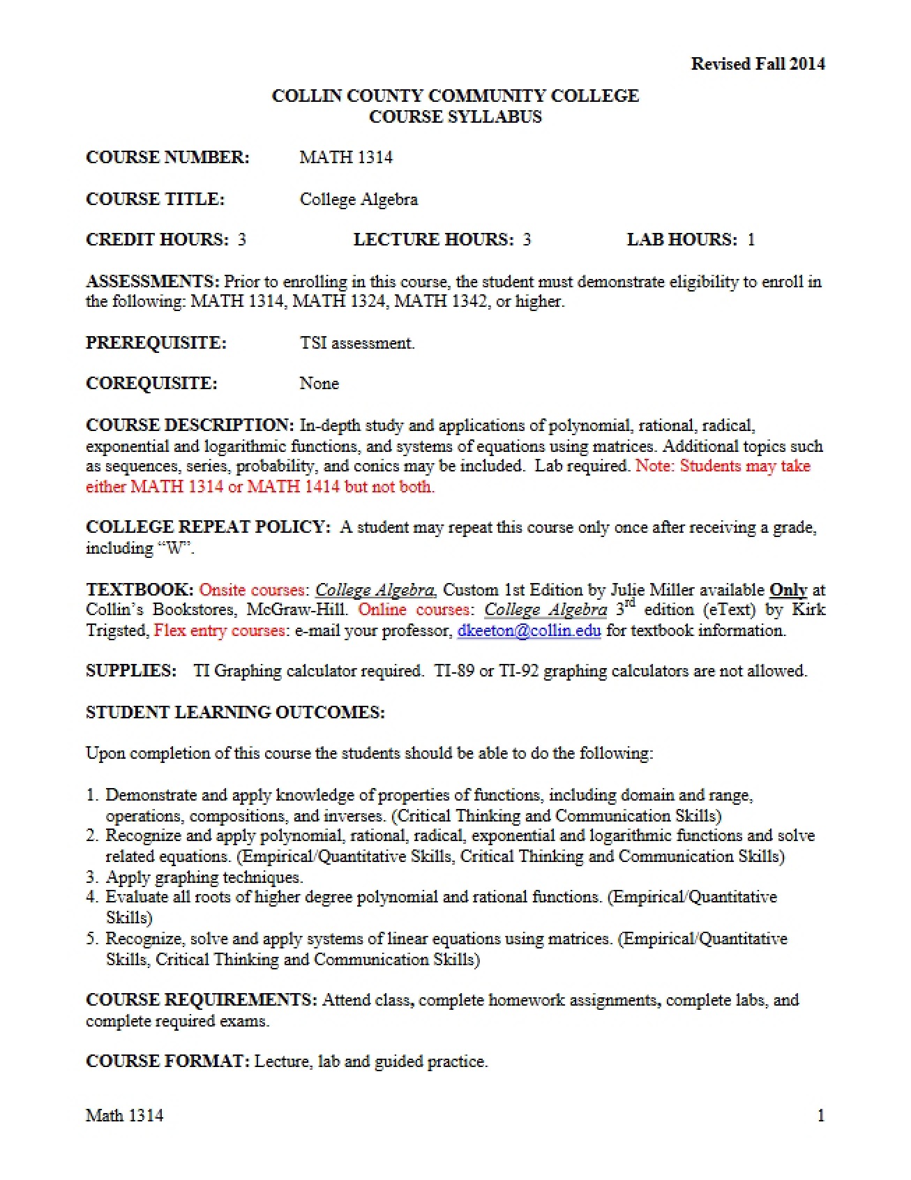 College Algebra Syllabus